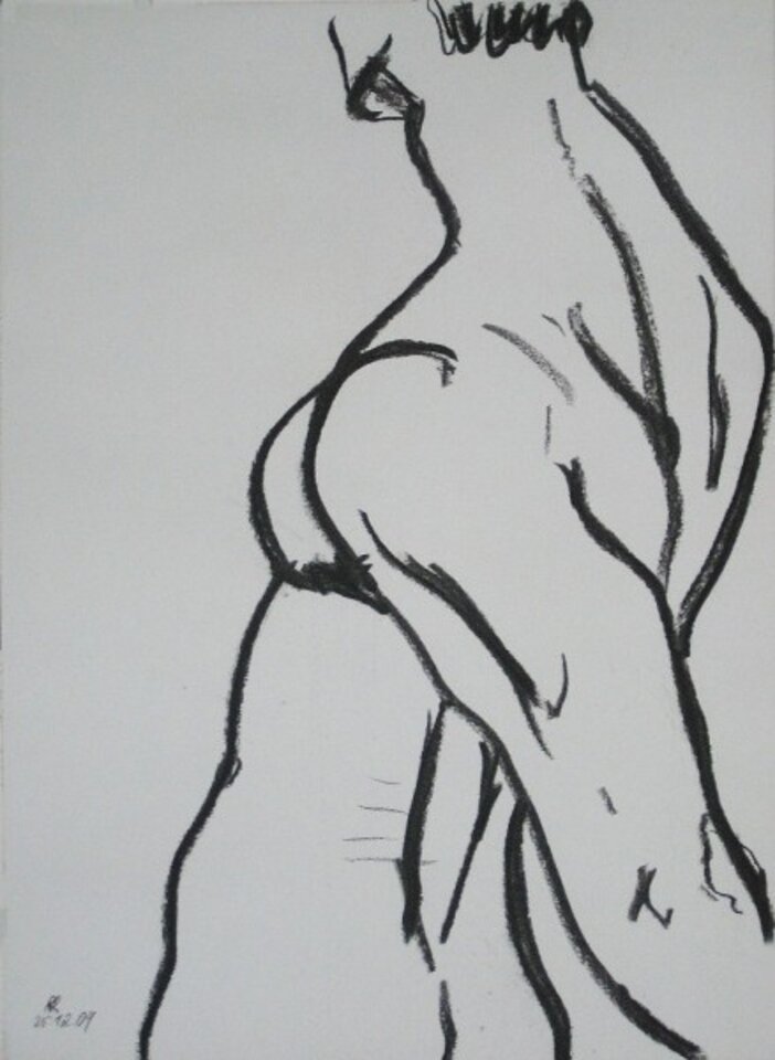 Rückenansicht, Kohle auf Papier, Peter Rademacher