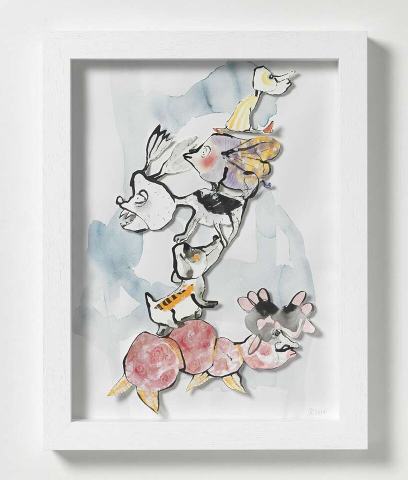 Hündchen's Balanceakt, Collage auf Papier, Kadie  Schmidt-Hackenberg