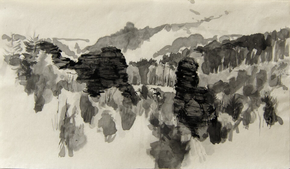 Panorama bei den Herkulessäulen, Sächsische Schweiz, Tusche Japanpapier, Anita Voigt
