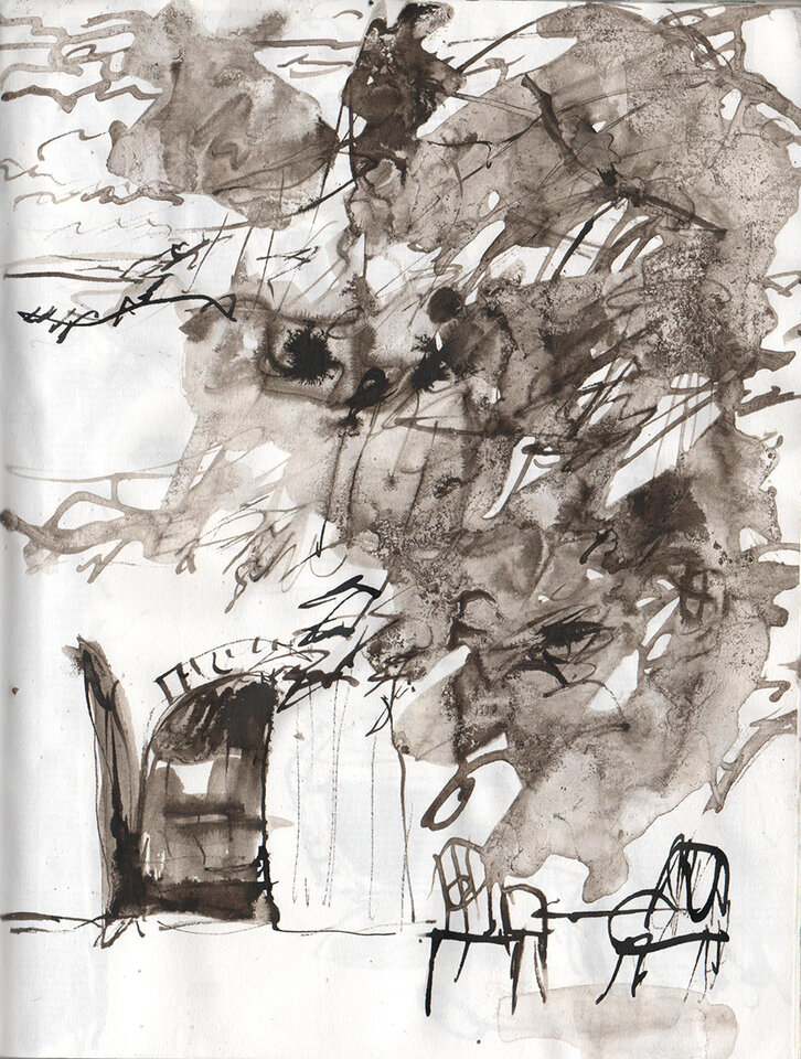 Hinter der Scheune II, Atnaundorf, Tusche Skizzenbuch Fabriano, Anita Voigt
