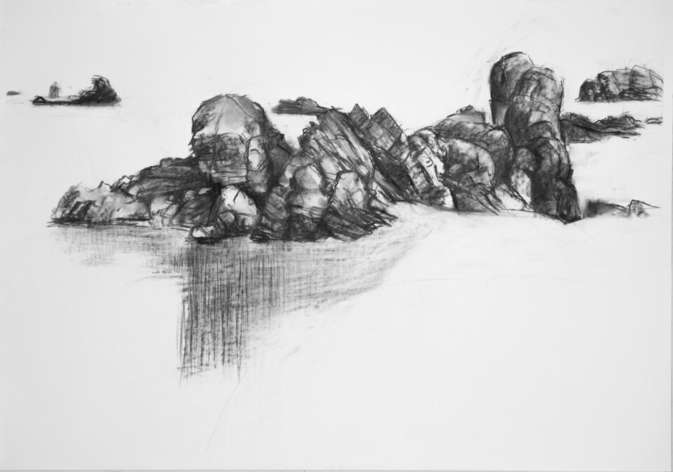 Gezeiten / Bretagne / Klippen II, Kohlezeichnung auf Karton, Anita Voigt