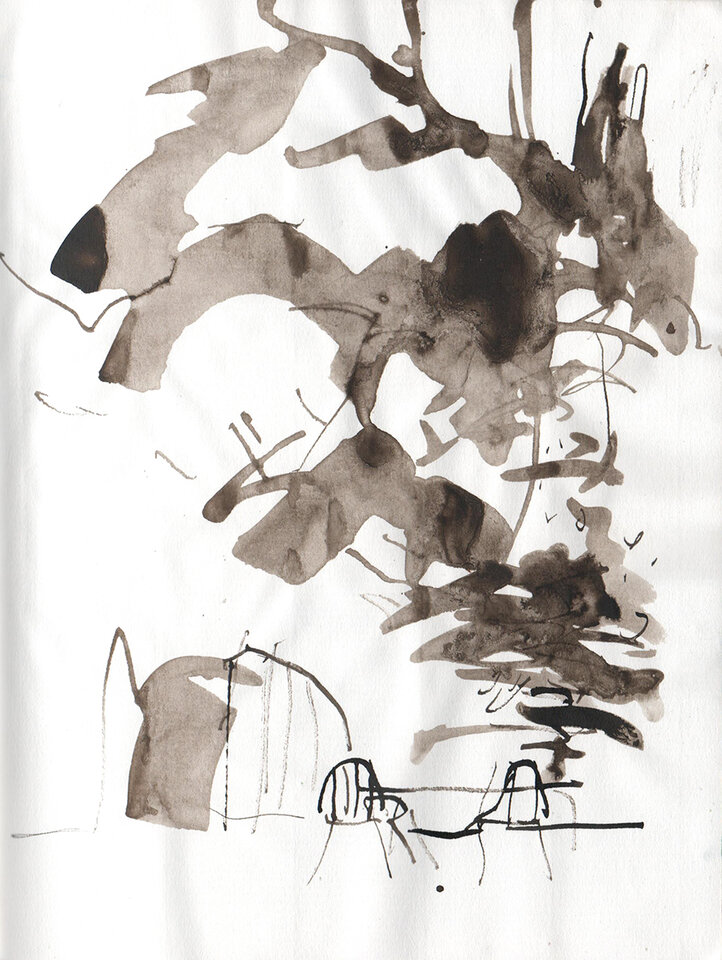 Hinter der Scheune IV, Atnaundorf, Tusche Skizzenbuch, Anita Voigt