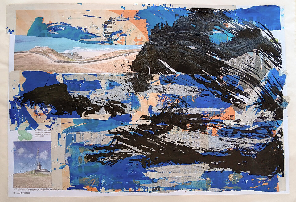Ankommen am Meer, Tusche/Acryl Zeitung, Anita Voigt