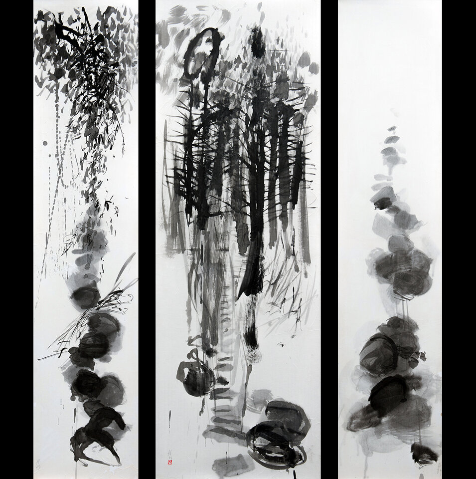 Am Fluss I - III, Tusche auf Japanpapier /auf Leinwand aufgezogen , Anita Voigt