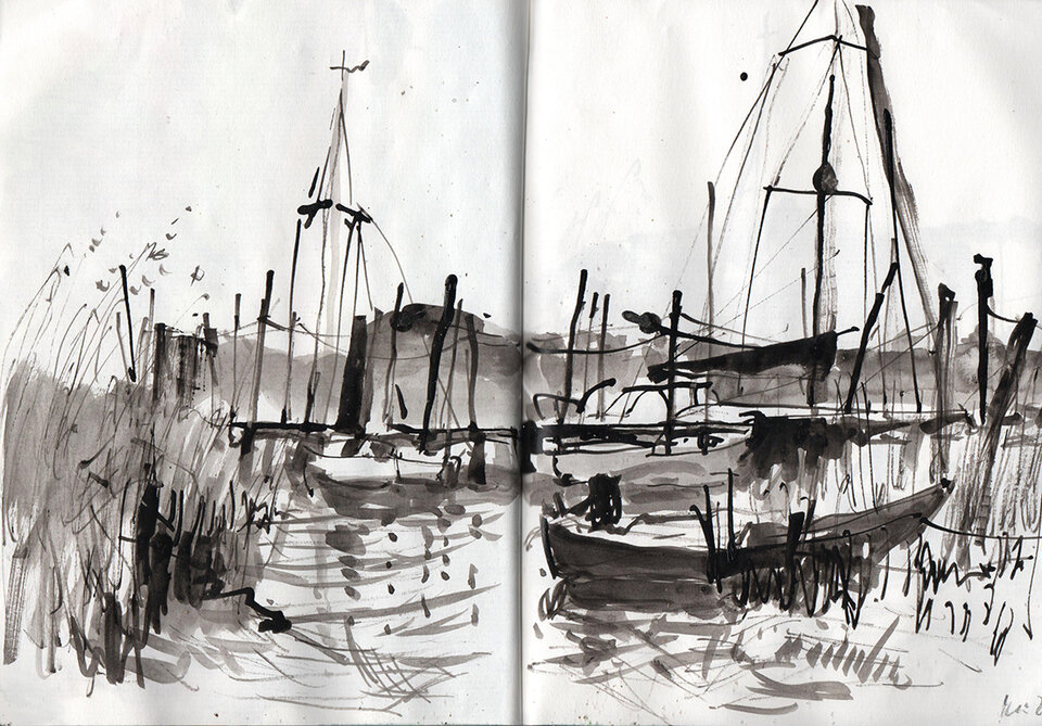 Hafen Groß Zicker, Tusche Senellier Fabriano, Anita Voigt