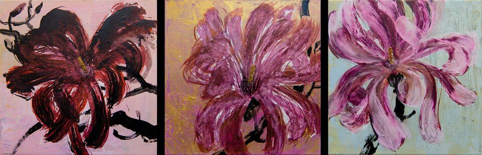 Magnolia I - III, Tusche, Mischtechnik auf Leinwand, Anita Voigt