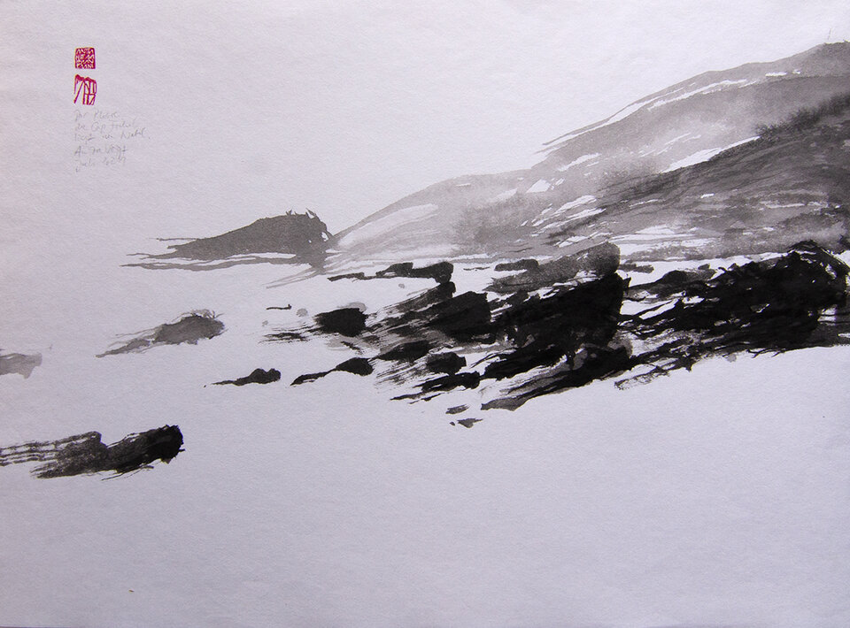 Der Phare du Cap Frehel liegt im Nebel, Tusche Japanpapier Tosa shi, Anita Voigt