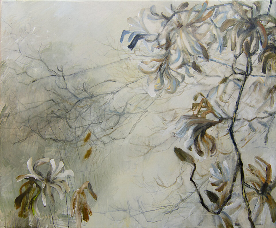 Sternmagnolie, diesiger Tag im April, Mischtechnik auf Leinwand, Anita Voigt