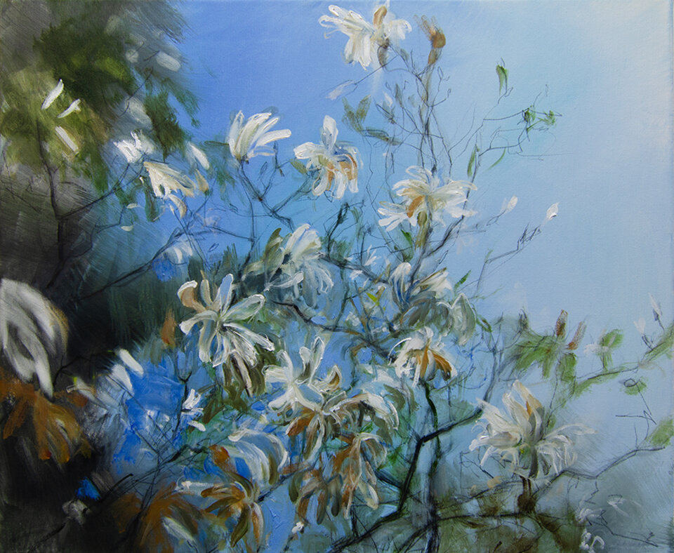 Sternmagnolie hinterm Atelier, Mischtechnik auf Leinwand, Anita Voigt