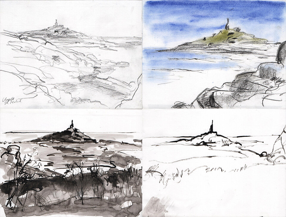 Chapelle St. Michel, Bretagne / 4 x Skizzenbuch, Graphit, Tusche, Pastell  , Anita Voigt
