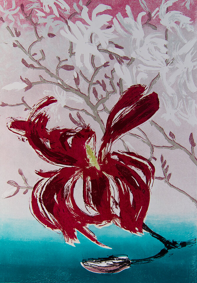 Magnolia, reduced linocut Zerkall Bütten, Anita Voigt