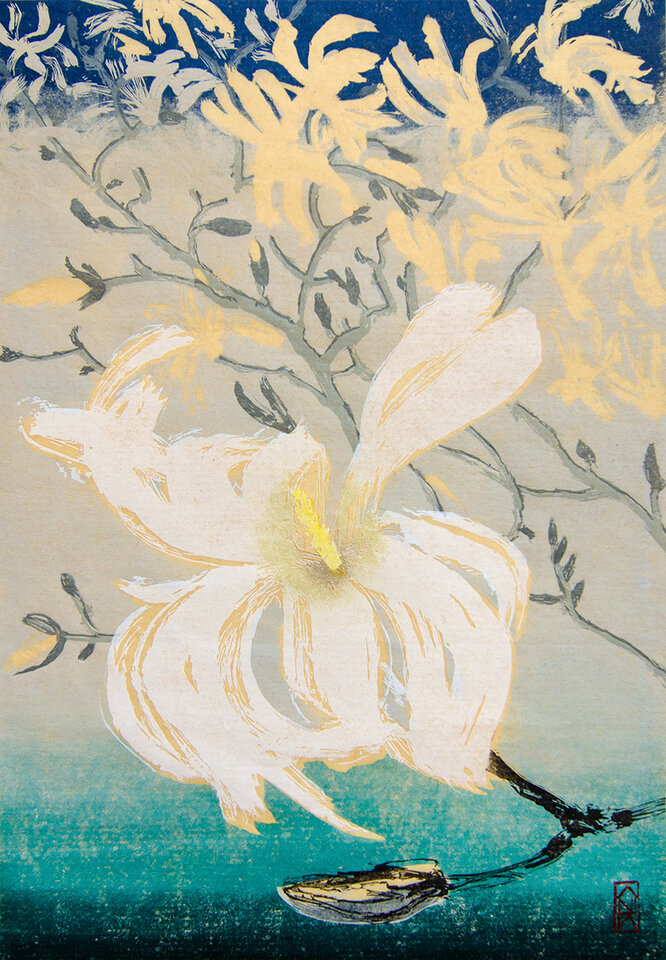 Magnolia Stellata, reduced linocut Japanese Paper, Anita Voigt