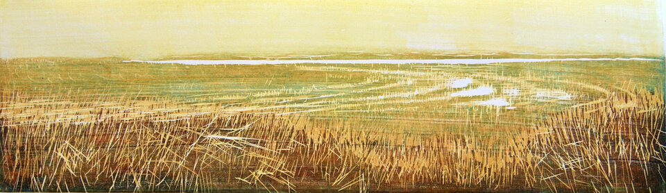 Am Bodden, Holzschnitt verlorene Form (7Farben) , Anita Voigt