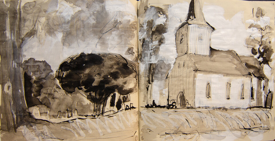 Dorfkirche Groß Zicker, Tusche und Tempera Skizzenbuch, Anita Voigt