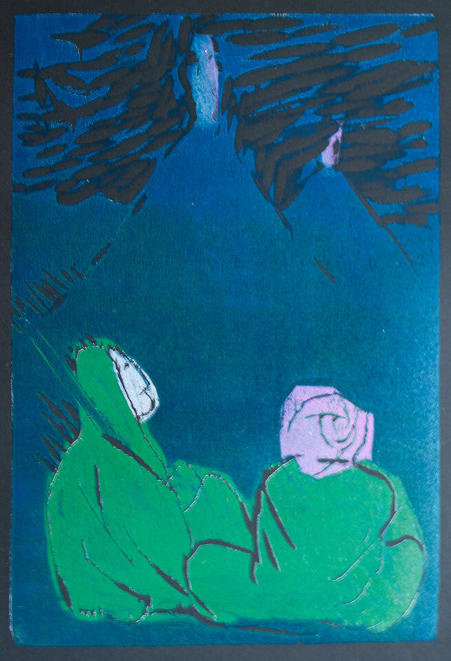Das Feuer auf dem Berggipfel / Illustration 3 zum äthiopischen Märchen, Holzschnitt , Anita Voigt