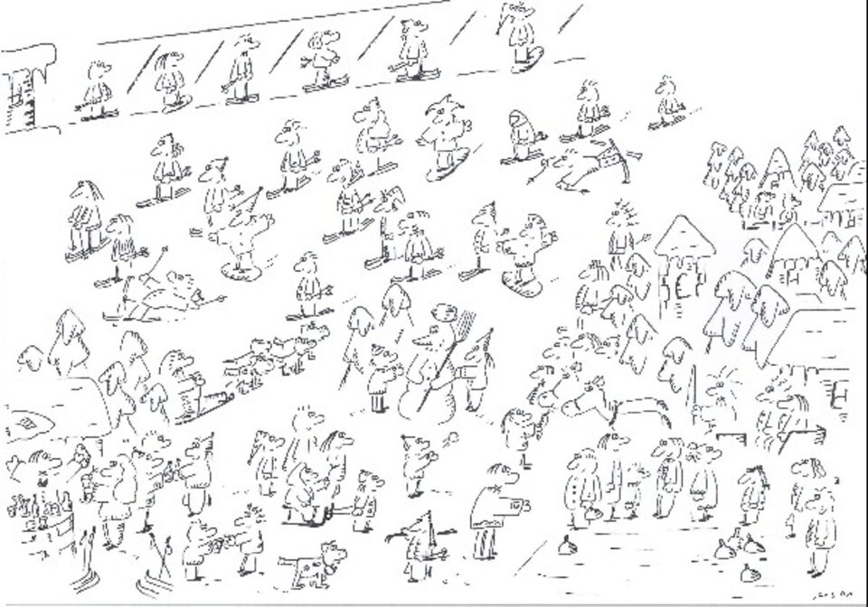 Skifahren, Tusche auf Karton, Matthias Schramm