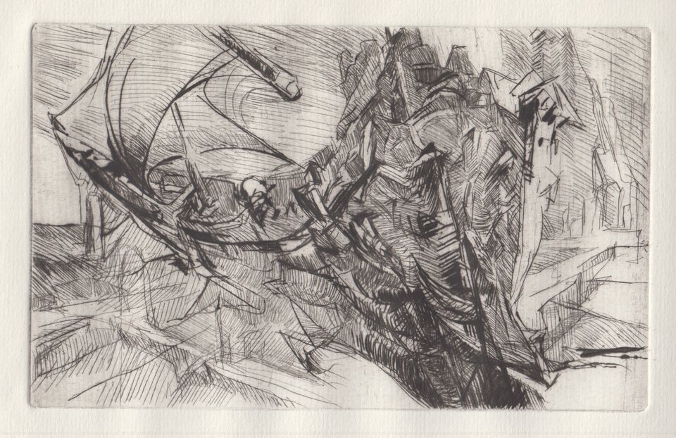 Schiff am Felsen, Kaltnadelradierung auf Papier, Dirk Rizek