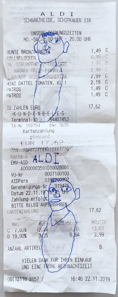 Emma auf Kassenbon, Kassenbon, Klebestreifen, Zeichnung , Friedrich Fröhlich