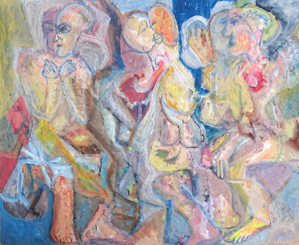 Figuren im Innenraum, Acryl, 68,5 x 56,3 cm auf Papier, Wolfgang Bittkau