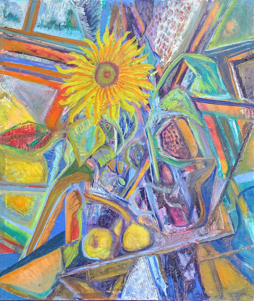 Sonnenblume und Äpfel, Öl, 84 x 100 cm auf Leinwand, Wolfgang Bittkau