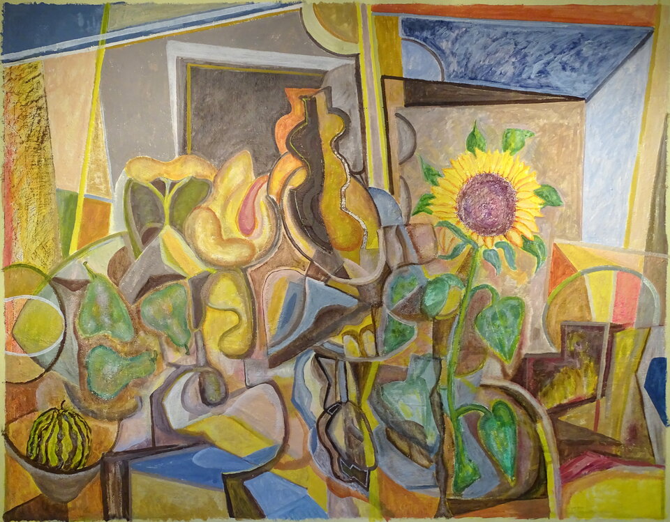 Stilleben mit Sonnenblume und Birnen, Acryl, 2,08 x 1,60 m auf Putz, Wolfgang Bittkau