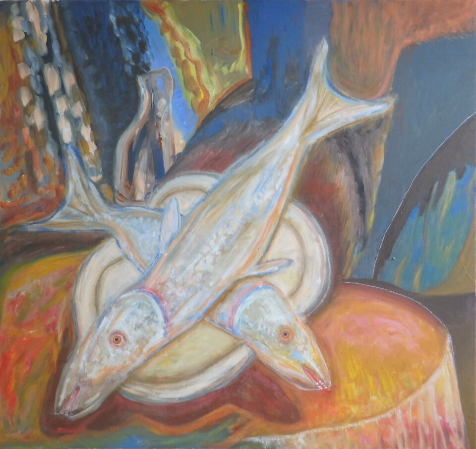 Fische, Acryl, 100 x 100 cm auf Leinwand, Wolfgang Bittkau