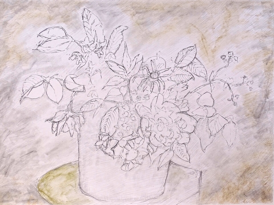 Stilleben mit Blumen, Bleistift, 66 x 46 cm auf Papier, Wolfgang Bittkau