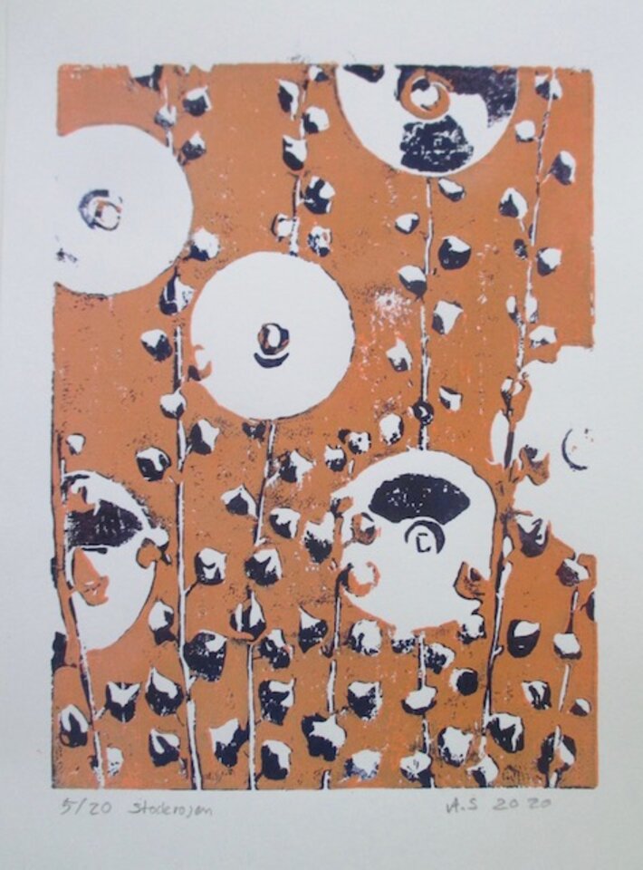 Sockrosen I, Farblinolschnitt  auf Papier, Anett Simon