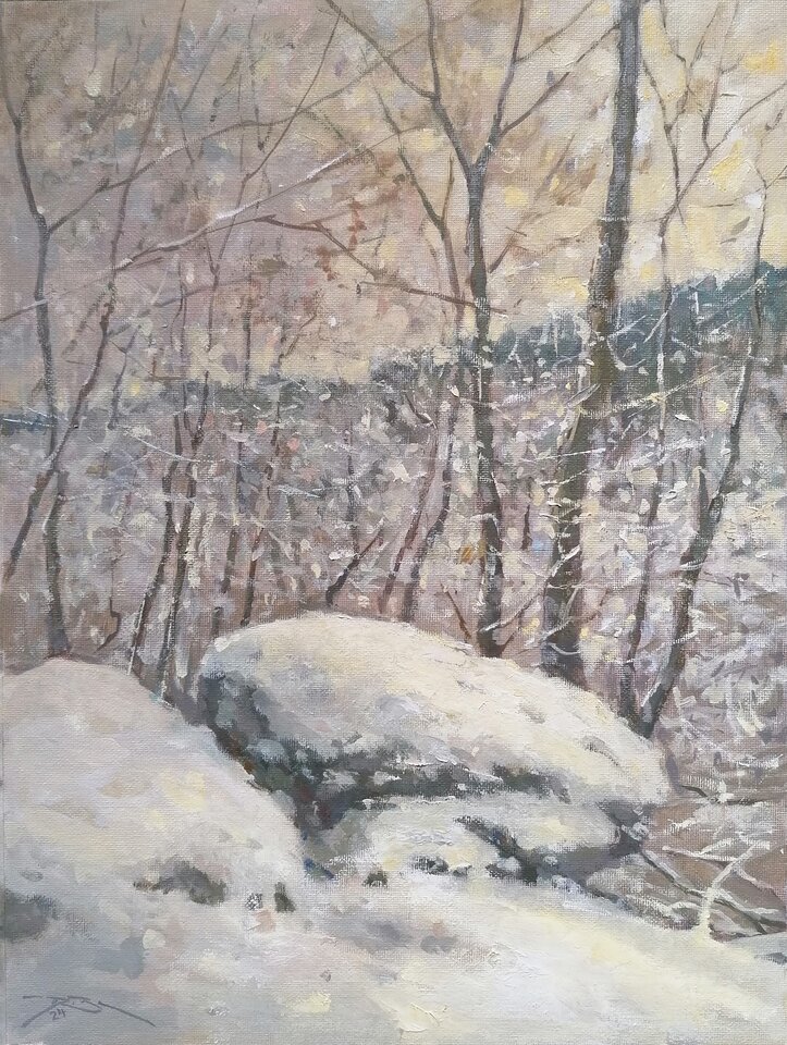 Felsen im Schnee , Öl auf Leinwand, Ralf Bechtel 