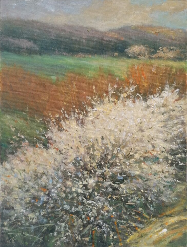 Weißdornblüte bei Minden , Öl auf Leinwand, Ralf Bechtel 