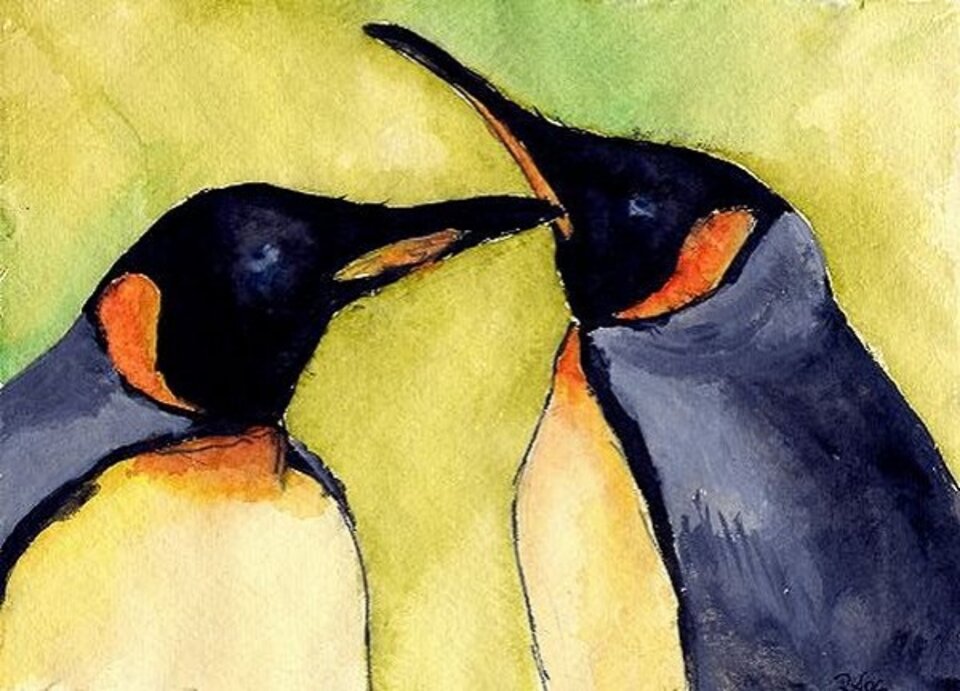 Pinguin-Päärchen, Aquarell auf Papier, Rachel Weissenberger