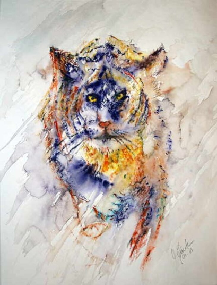 Tigerattacke, Aquarell auf Papier, Oskar Günther