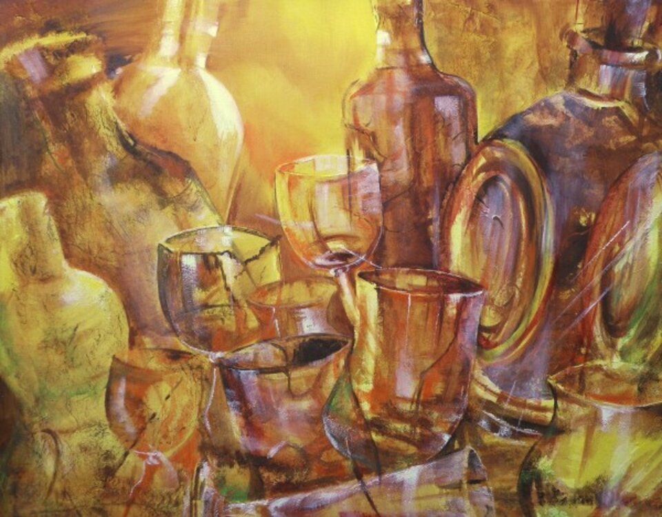 Whiskyflaschen und Gläser, Mischtechnik auf Leinwand, Carmen Kroese