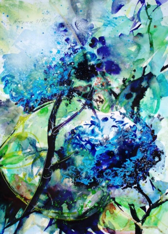 Blaue Hortensien, Aquarell auf Papier, Carmen Kroese