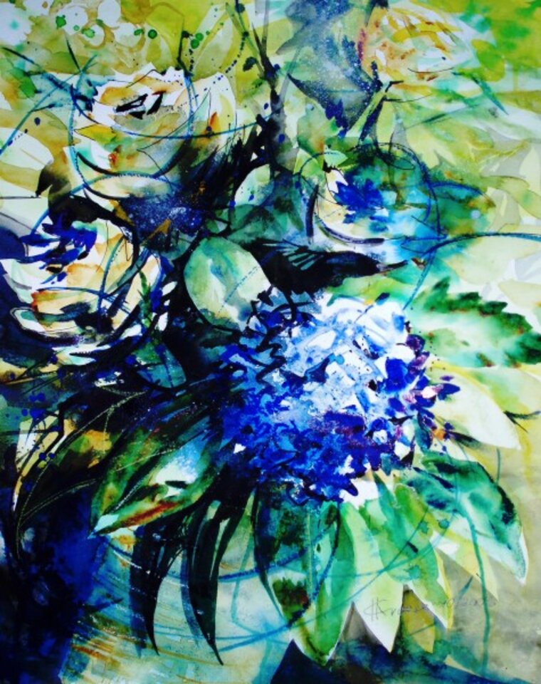 Rosen und Hortensien, Aquarell auf Papier, Carmen Kroese