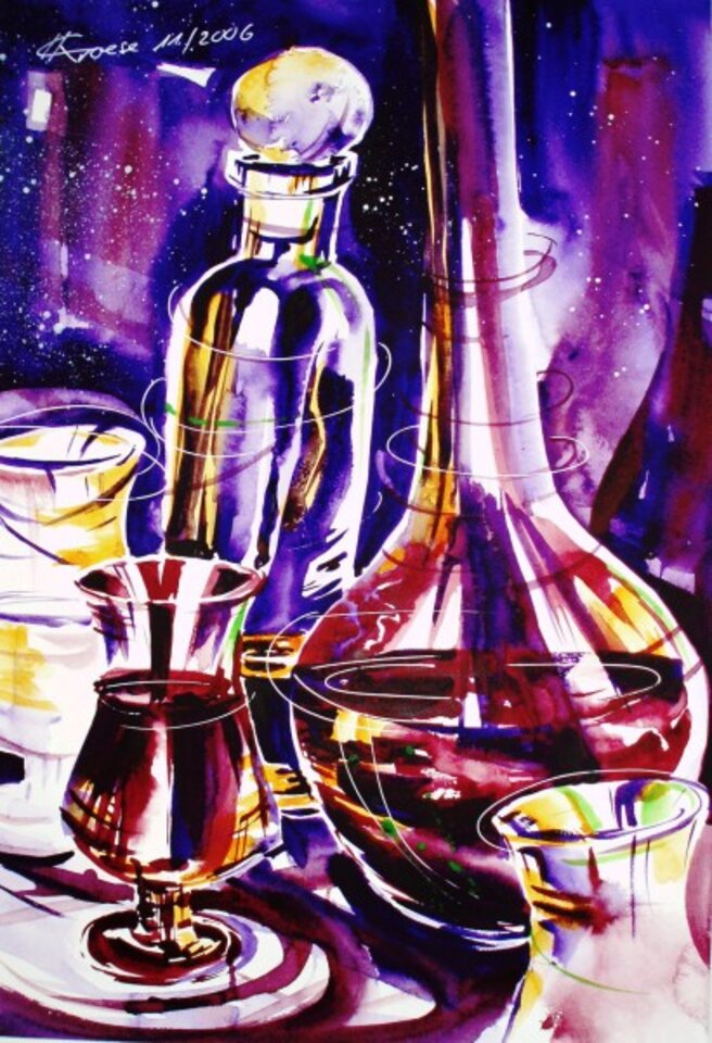 Gläser und Weinkaraffen, Aquarell auf Papier, Carmen Kroese