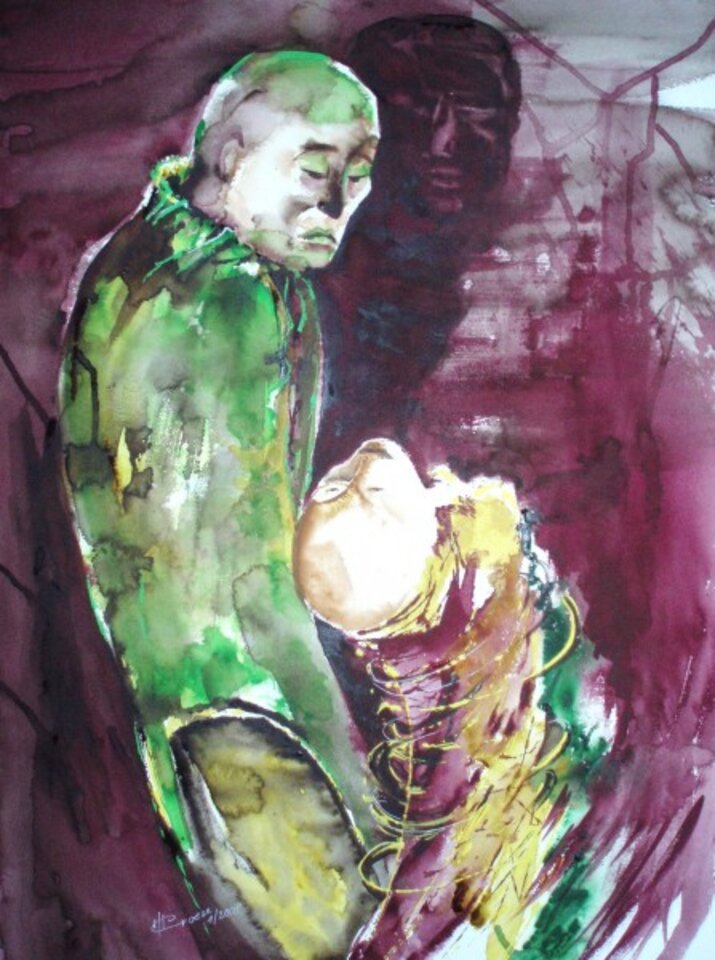 Angst macht krumm, Aquarell auf Papier, Carmen Kroese