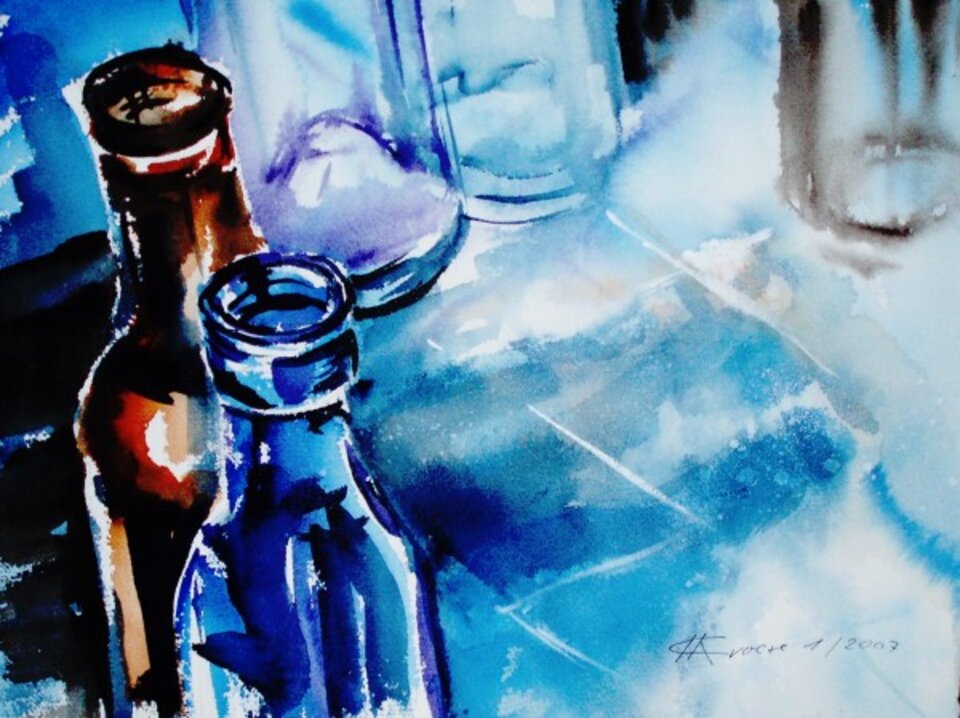 Flaschen mit Schatten, Aquarell auf Papier, Carmen Kroese
