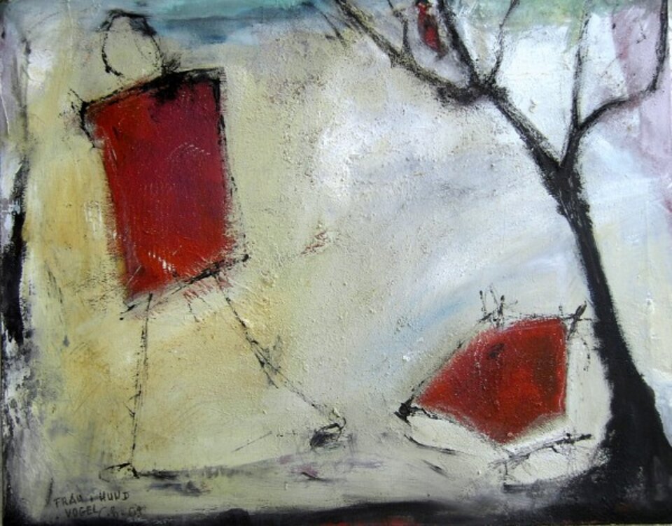 Frau, Hund  Vogel, Acryl auf Leinwand, Christine Buck