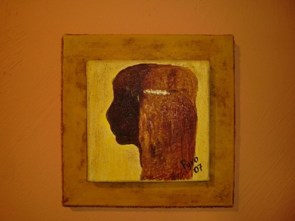 Armes afrikanisches Mädchen mit goldener Haarspange, Mischtechnik auf Leinwand, Pyro