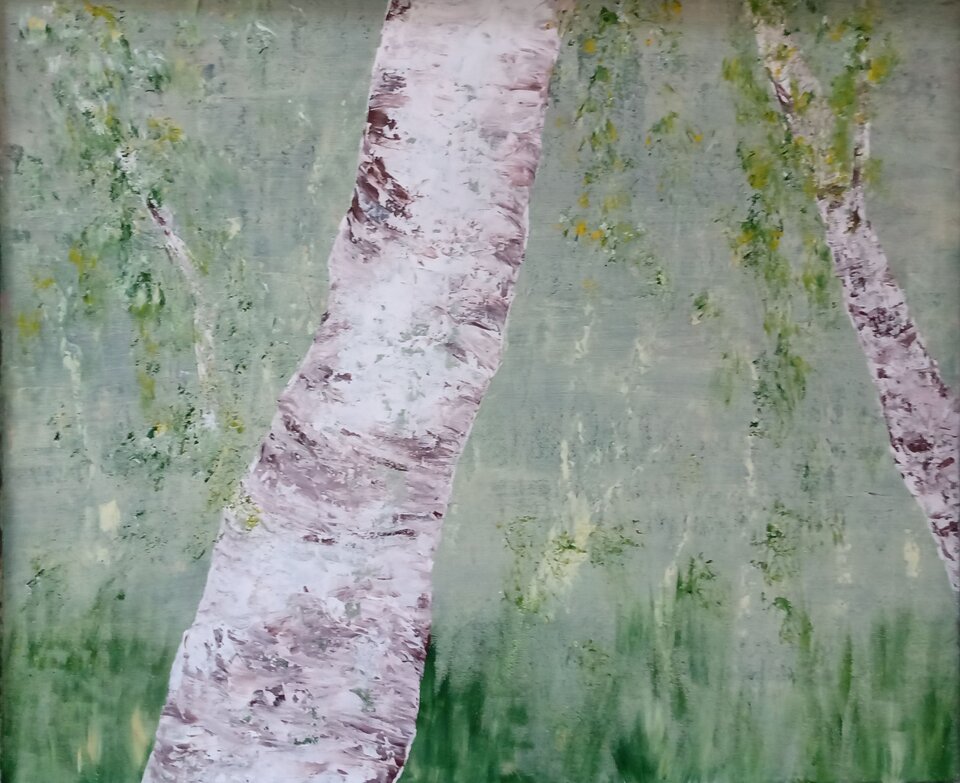 Birken im Nebel, Acryl auf Malkarton, Sigrid Braun-Umbach
