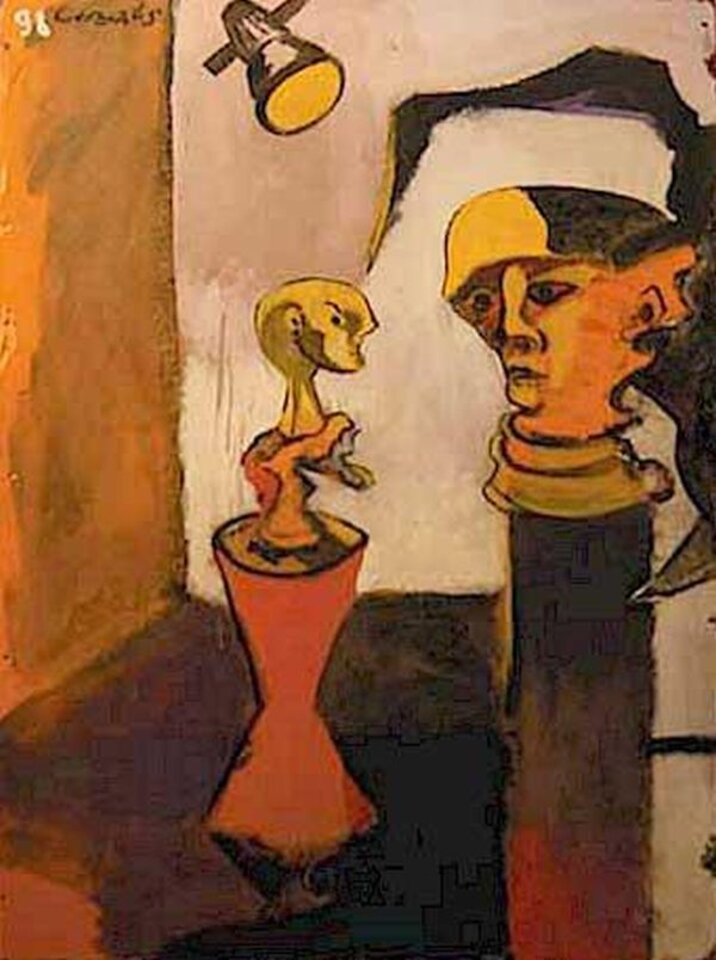 In der Galerie, Mischtechnik auf Holz, Carlo Cazals