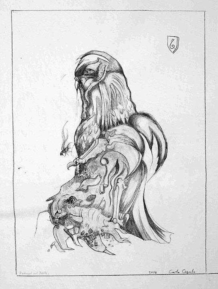 Raubvogel mit Beute, Mischtechnik auf Karton, Carlo Cazals