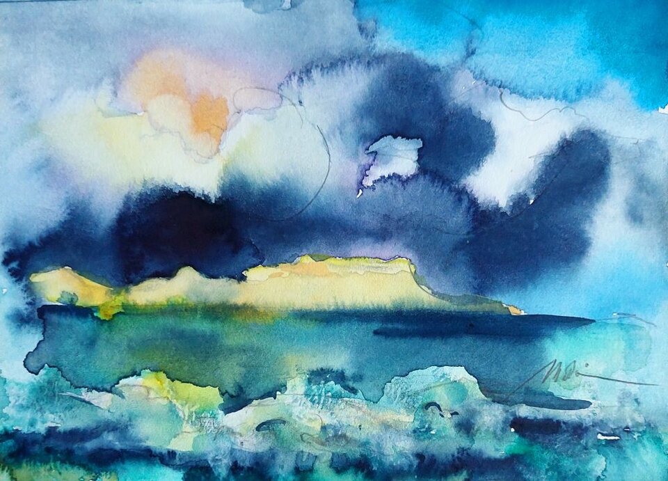 Blick nach Amrum, Aquarell auf Papier, Monika Riemenschneider