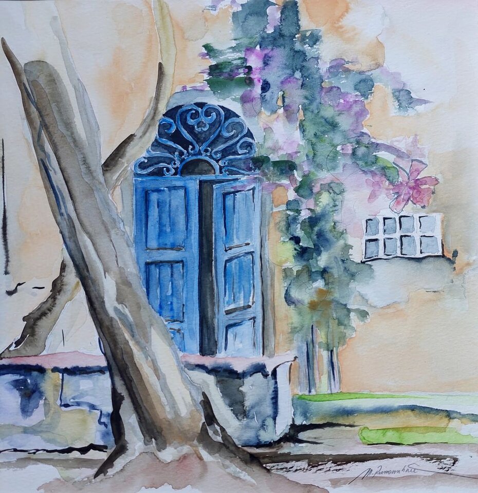 Blaue Tür Toscana, Aquarell auf Papier, Monika Riemenschneider