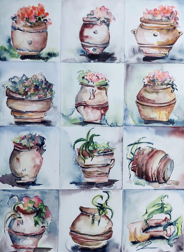 Tontöpfe, Aquarell , Monika Riemenschneider